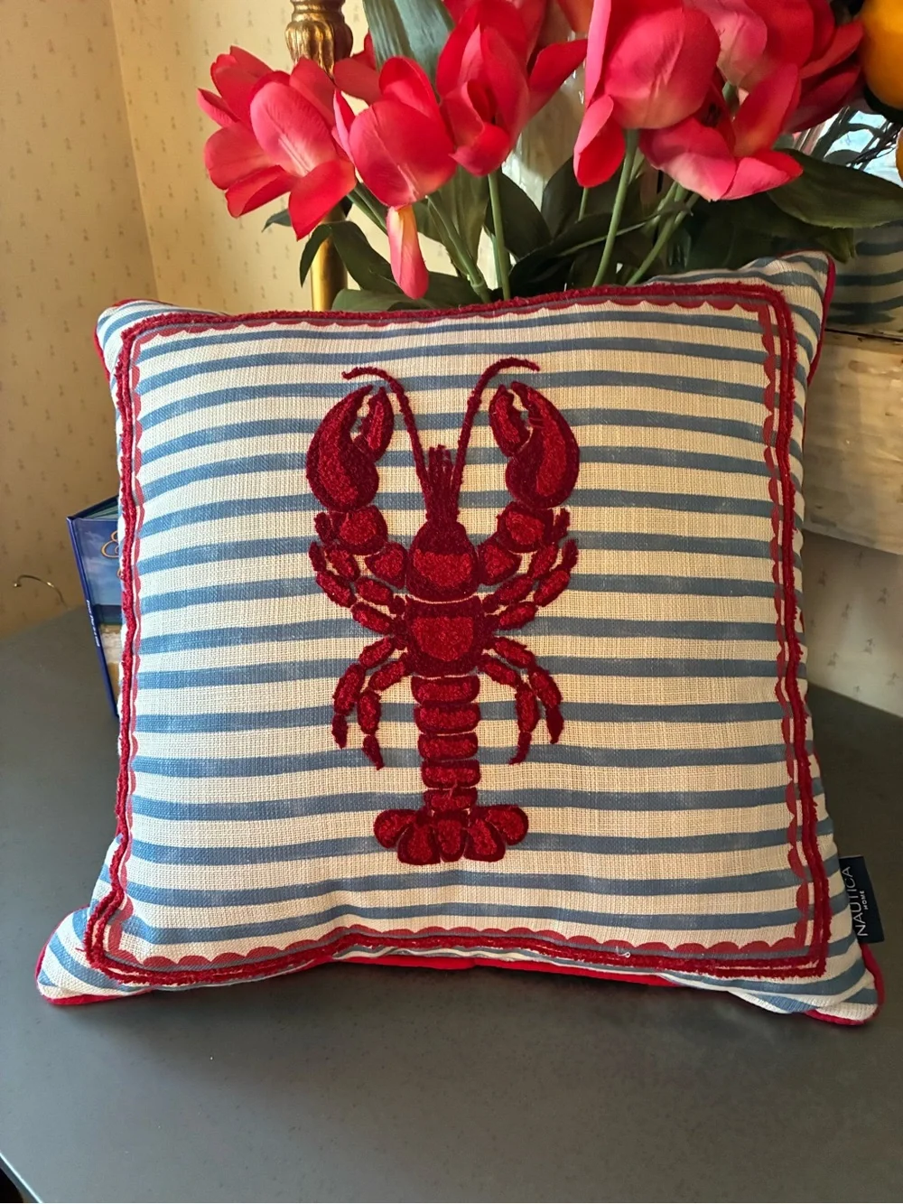 Nautica, LOBSTER pillow BLUE and WHITE stripe / RED embroidered lobster and trim